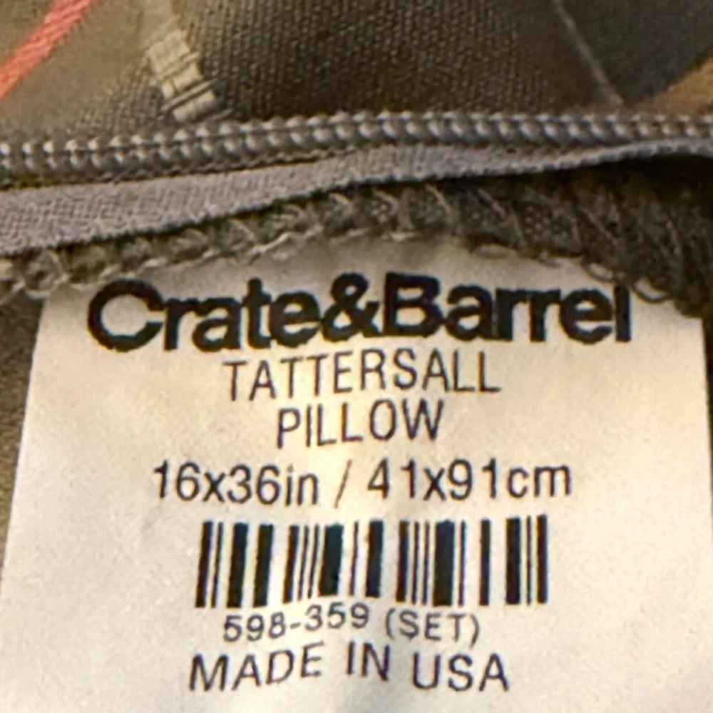 CRATE & BARREL Tattersall Zippered Pillow Cover Plaid Windowpane 16 x 36 inches